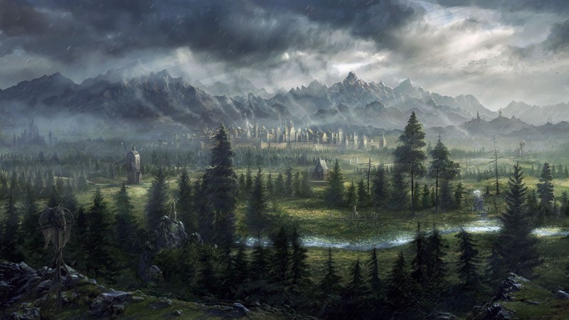 digital art, fantasy art, Total War: Warhammer, trees, pine trees, nature, landscape, mountains, clouds, rain, rock, stream, video games, castle