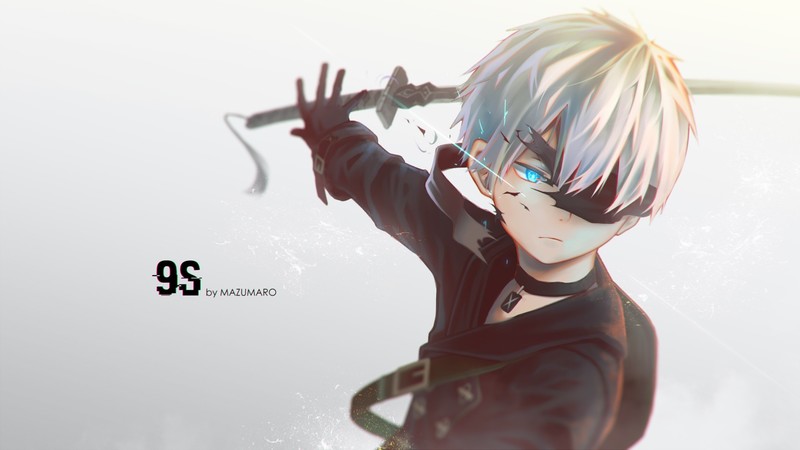 Nier: Automata, video games, NieR, 9S (Nier: Automata), 9S, artwork, digital art, sword, katana, white hair, blue eyes