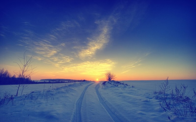 sunset, snow, sky