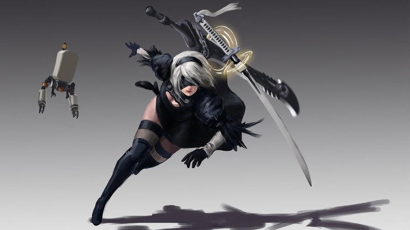 Nier: Automata, video games, NieR, 2B (Nier: Automata), 2B, artwork, digital art, sword, katana, white hair, thigh-highs, women, cleavage, thighs