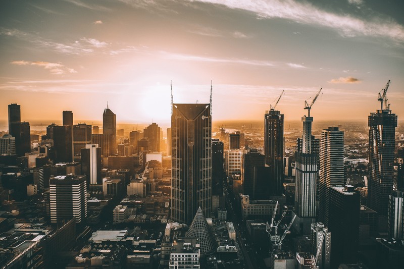cityscape, Melbourne, cranes (machine), Australia, sunset