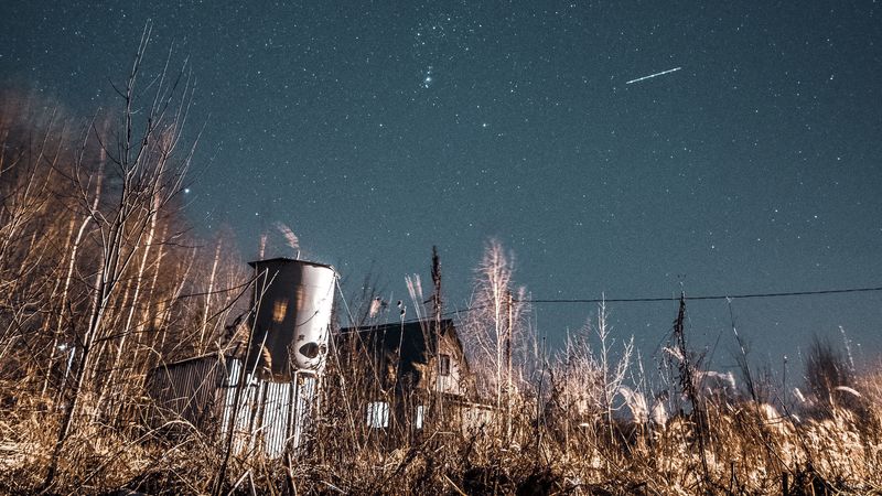 night, starry sky, bushes, buildings, abandoned, countryside, 4k