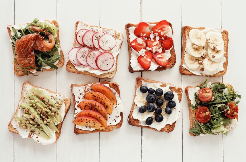 food, bread, still life, fruit, strawberries, berries, tomatoes, bacon, avocados, bananas, vibrant, bright