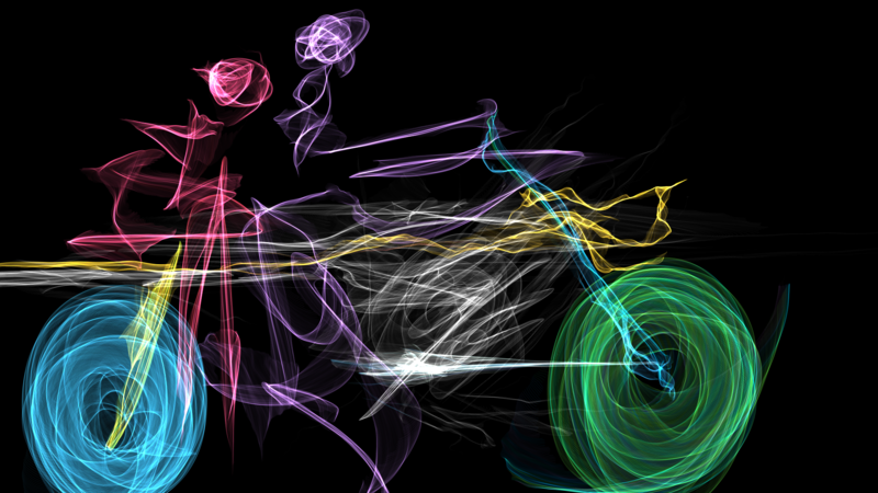 color wheel, black background, light trails, colorful, humor, bicyclist, two women