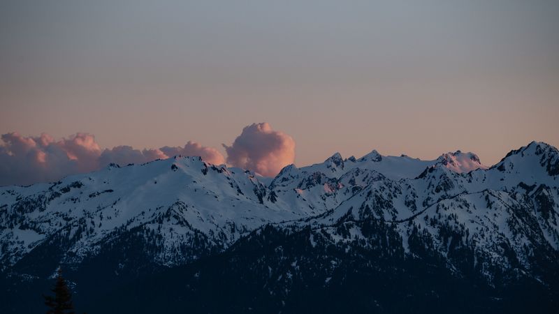 mountains, clouds, twilight, landscape, peaks, snowy, 4k