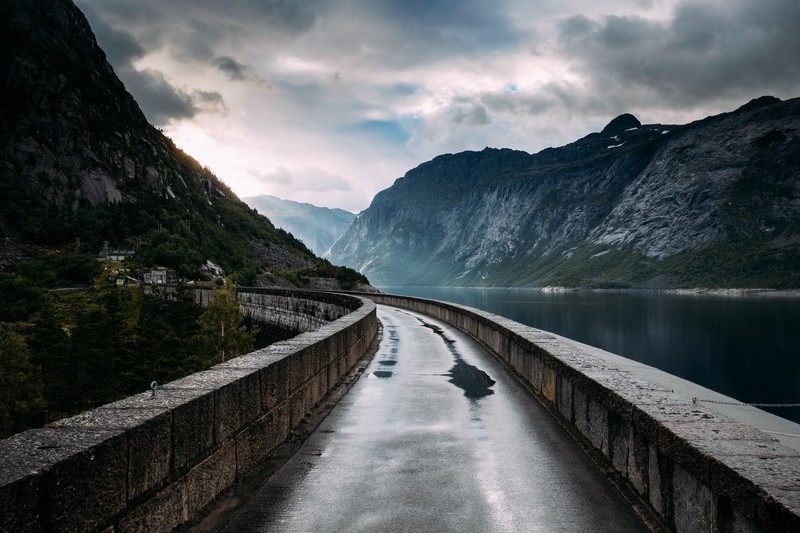 nature, water, mountains, road, trees, clouds, landscape