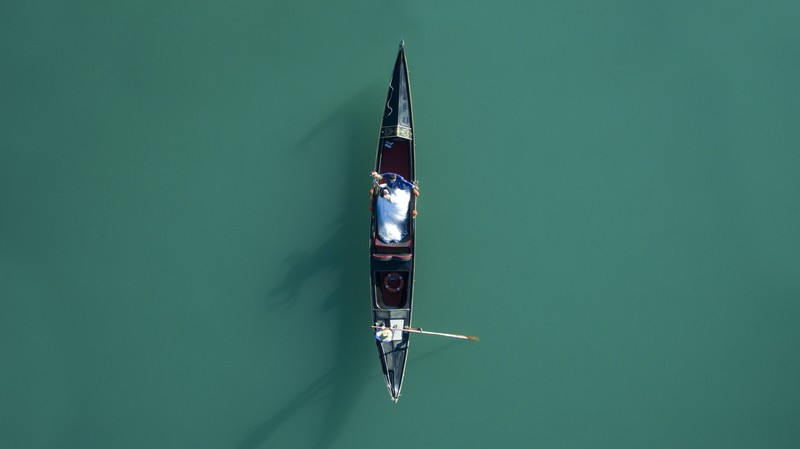 drone, river, water, gondolas