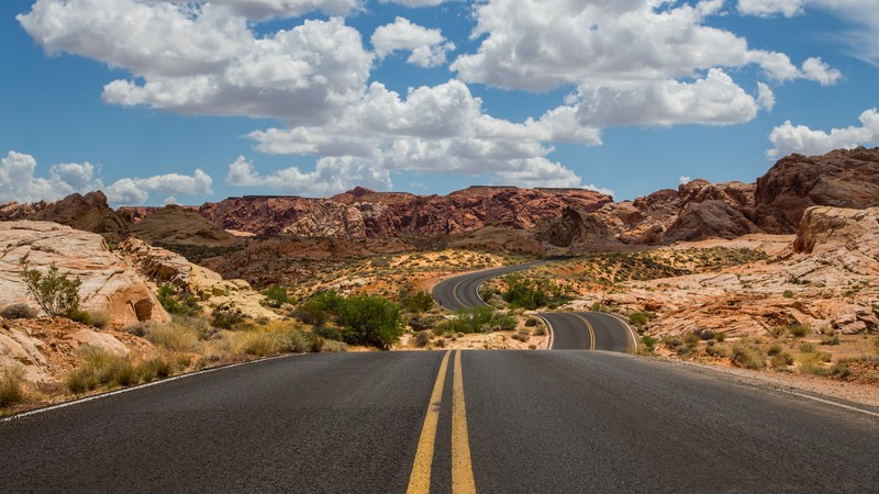 clouds, rocks, road, desert, landscape