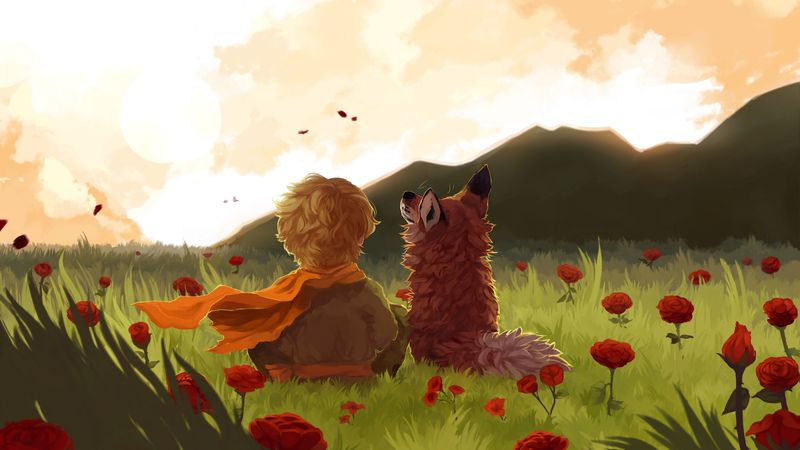 child, fox, art, field, flowers, mountains, landscape, 4k