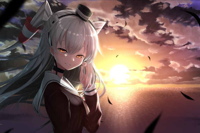 Amatsukaze (Kancolle), Kantai Collection, sea, sky, Sun, hair ornament, white hair, long hair