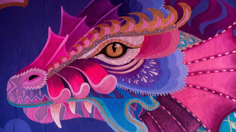 dragon, artwork, mural, wall, eyes, pink, purple, fangs