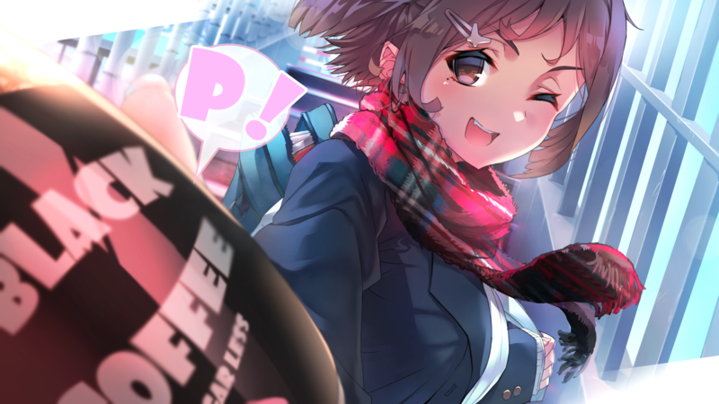 anime, scarf, short hair, open mouth, wink, backpacks