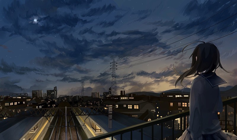 sky, school uniform, landscape, city, schoolgirl