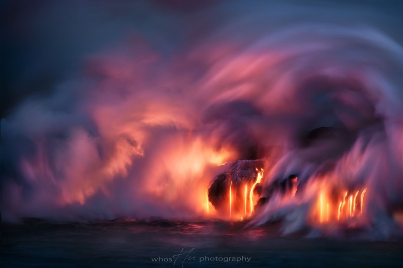 lava, sea, clouds, long exposure, rock