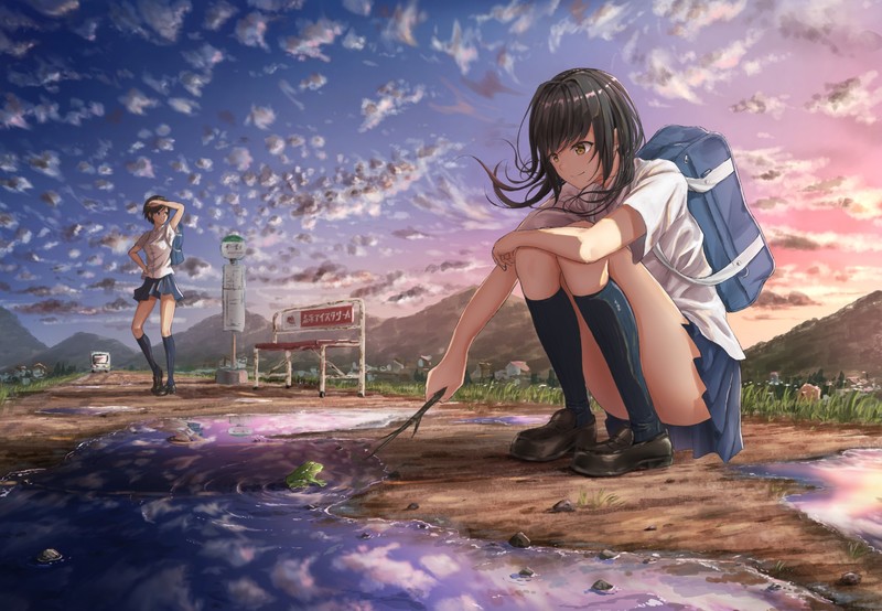 sky, school uniform, long hair, thigh-highs, puddle, mountains, landscape, schoolgirl, frog, short hair, anime, anime girls, original characters, moescape