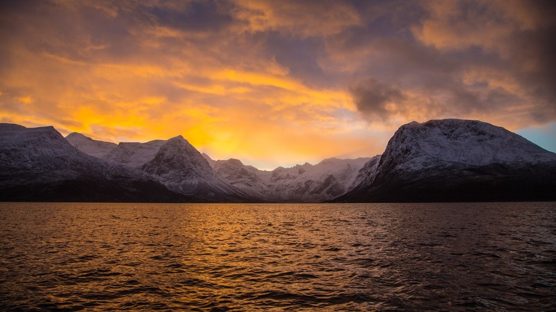 nature, landscape, water, Norway, sea, sunset, clouds, snowy peak, mountains, yellow