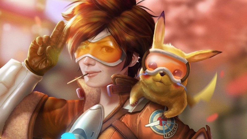 Overwatch, video games, women, Tracer (Overwatch), Pokémon, Pikachu, brunette, digital art, artwork, short hair, brown eyes, anime