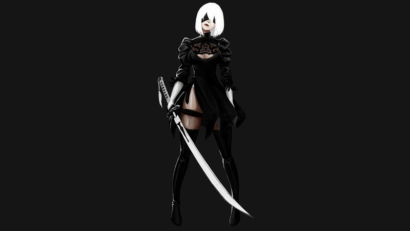 Nier: Automata, video games, women, 2B, NieR, white hair, cleavage, thighs, thigh-highs, katana, simple background, digital art, artwork, 2B (Nier: Automata)