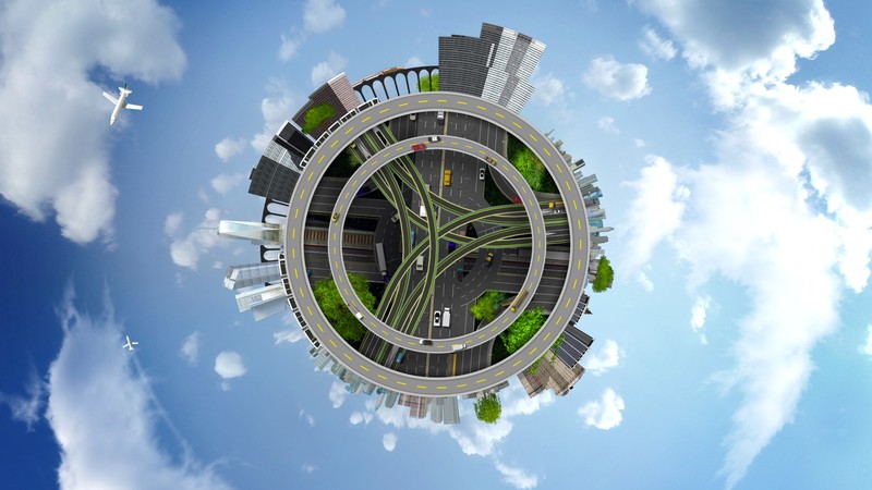 architecture, modern, building, clouds, panoramic sphere, road, car, airplane, bridge, digital art, skyscraper, train, highway, trees