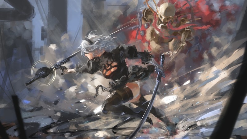 Nier: Automata, video games, women, 2B, NieR, white hair, cleavage, thighs, thigh-highs, katana, machine, digital art, artwork, 2B (Nier: Automata)