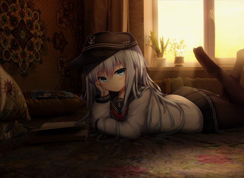 Kantai Collection, Hibiki(Kancolle), panty hose, loli, in bed, long hair, sunlight, blue eyes, looking at viewer, anime, school uniform, anime girls