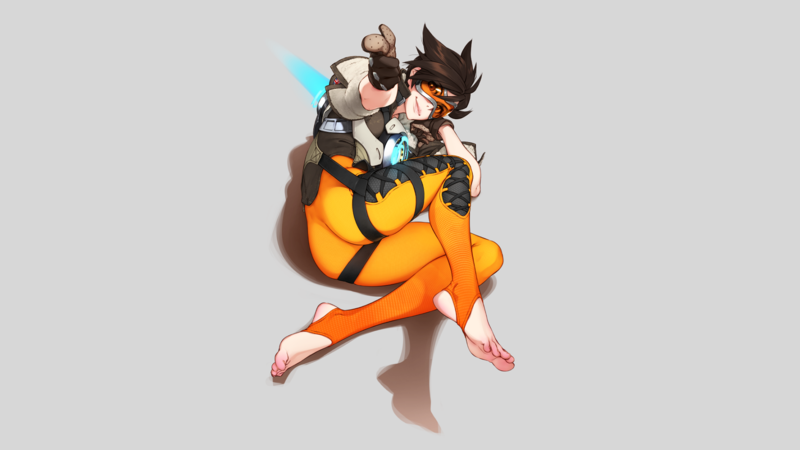 Overwatch, women, Tracer (Overwatch), video games, brunette, tight clothing, barefoot, digital art, artwork