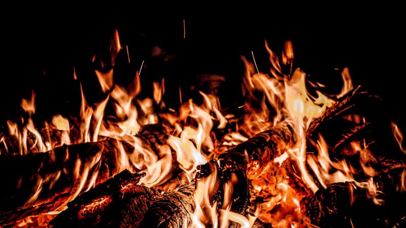bonfire, flame, fire, sparks, black, 4k