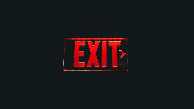 sign, pointer, exit, glow, red, dark, 4k
