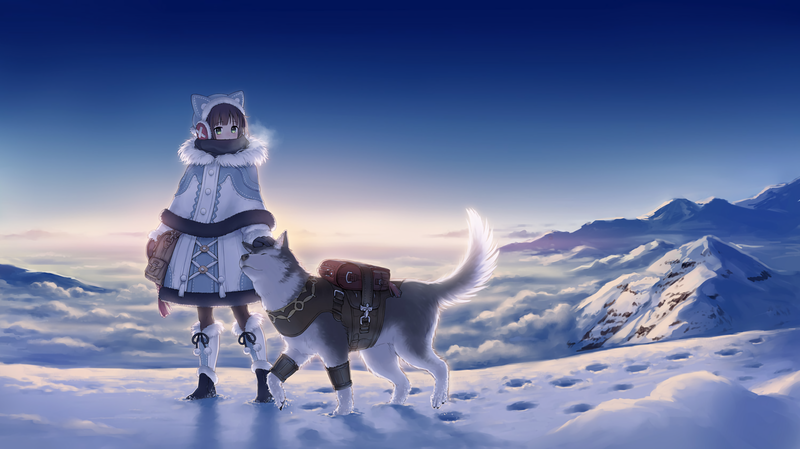 sky, dog, snow, landscape, boots, animal ears, scarf, snowy peak, anime, Nylons, sunlight, backpacks, green eyes, women