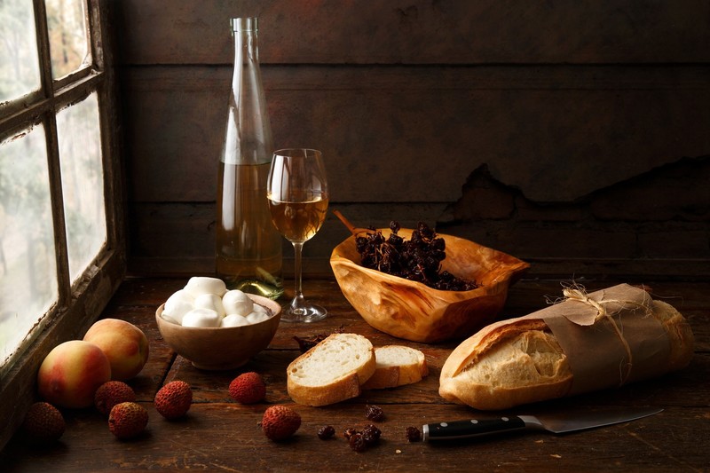 still life, food, wine, bread, knife
