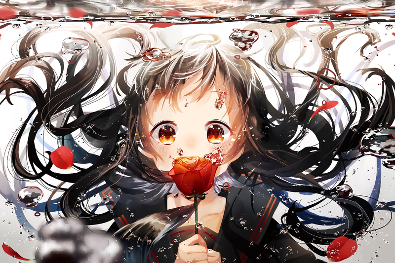 anime, anime girls, original characters, looking at viewer, long hair, black hair, orange eyes, underwater, bangs, blushing, covering mouth, flowers, petals, flower petals, red petals, school uniform, shirt