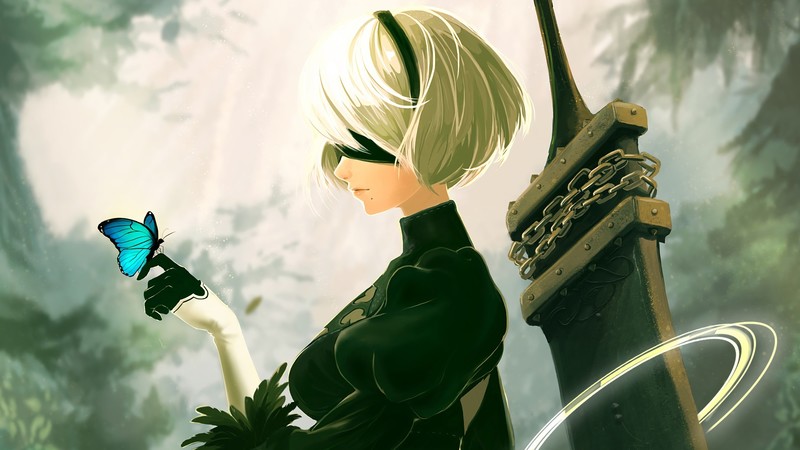 Nier: Automata, NieR, 2B, 2B (Nier: Automata), video games, women, white hair, sword, butterfly, digital art, artwork