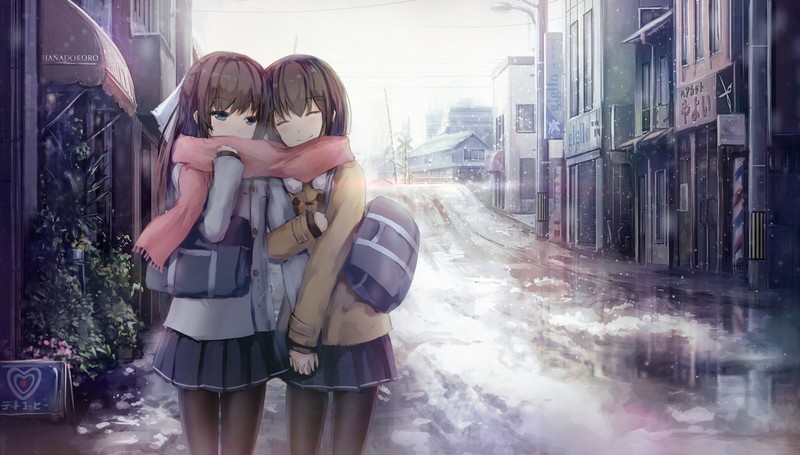 scarf, panty hose, snow, cityscape, blue eyes, anime, schoolgirl, sisters