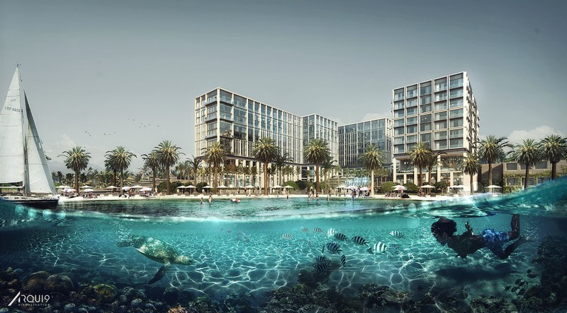 city, beach, water, fish, tortoises, digital art