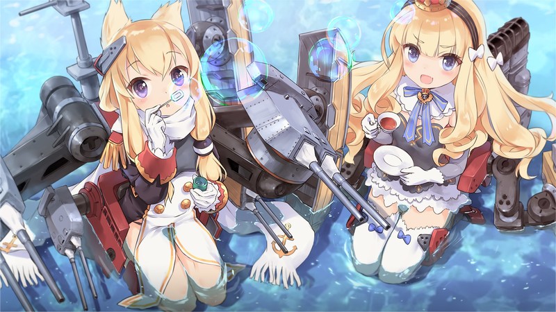 open mouth, gloves, long hair, blonde, water, anime, Azur Lane, Warspite (Azur Lane), Queen Elizabeth (Azur Lane)