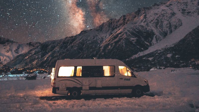 van, mountains, night, starry sky, landscape, travel, 4k