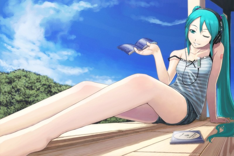 Hatsune Miku, legs, sky, headphones, long hair, blue hair, Vocaloid, blue eyes