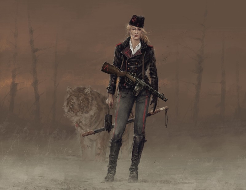illustration, Russian women, tiger, weapon, fan art, digital art, Jakub Różalski