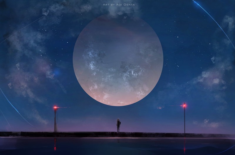 Aoi Ogata, Moon, digital art, stars, night, standing, the Darkness, anime girls, twintails, DeviantArt