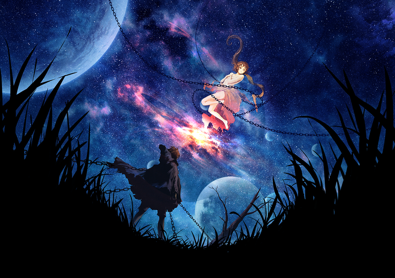 barefoot, brown eyes, chains, dark, hoods, long hair, planet, sky, stars, twintails