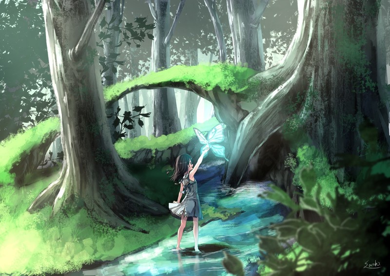 barefoot, black eyes, black hair, dress, fairies, forest, long hair, trees, water, wings