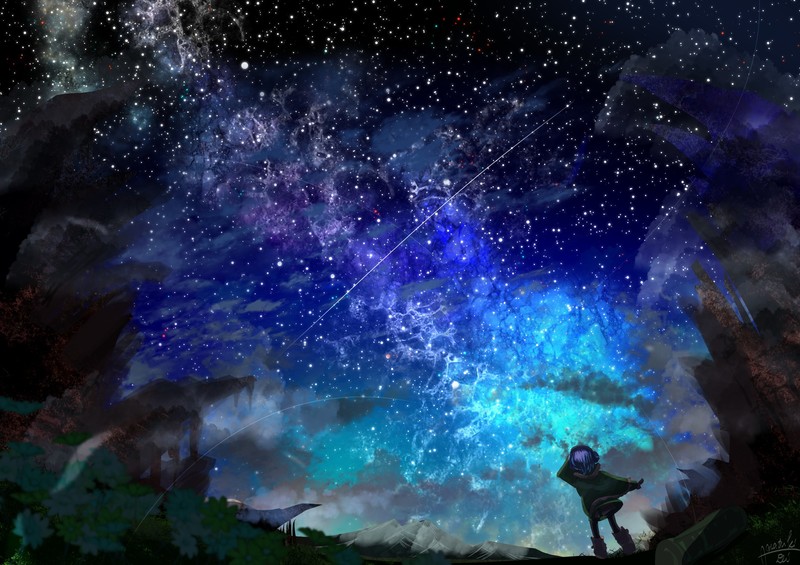 night, purple hair, short hair, sky, stars, blue