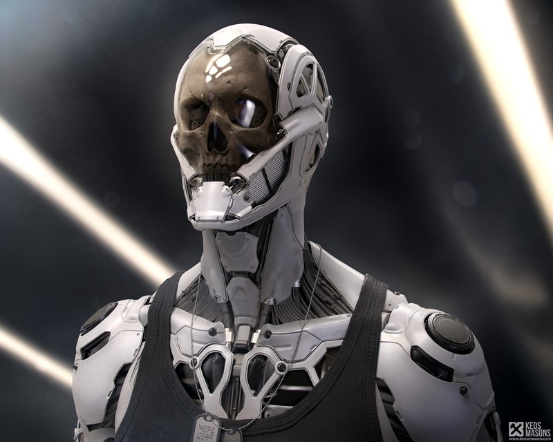 skull, futuristic, machine, cyborg, digital art