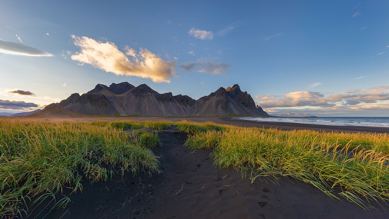 grass, landscape, sand, mountains