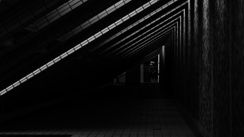 corridor, door, bw, architecture, building, dark, 4k