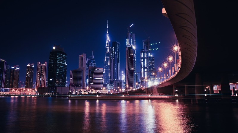 night, highway, city, Dubai, Burj Khalifa
