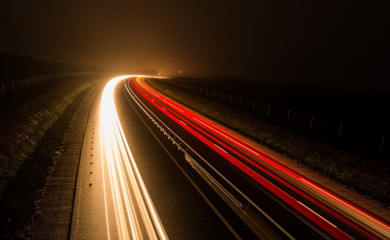 road, night, dark, traffic, long exposure, light trails, mist, highway, asphalt