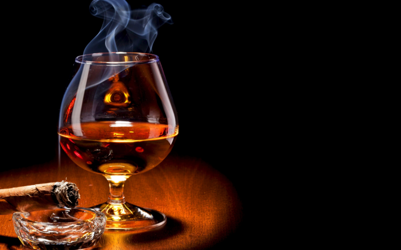 drinking glass, smoke, cognac, cigars