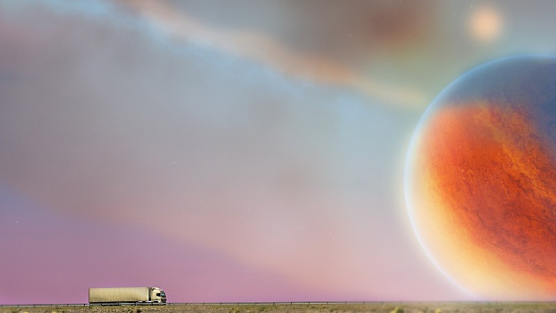 photo manipulation, space, digital art, trucks, planet, pink, orange