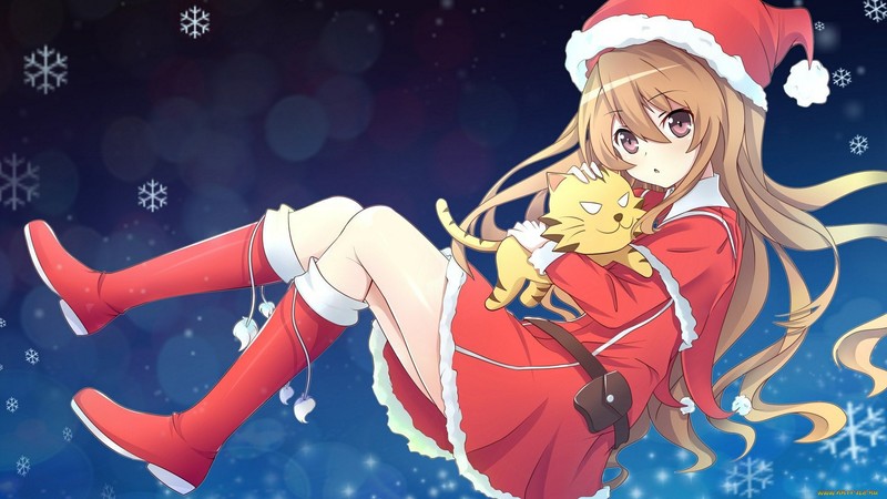 Toradora!, Aisaka Taiga, boots, loli, Christmas, blonde, anime, Santa hats, Santa costume, open mouth